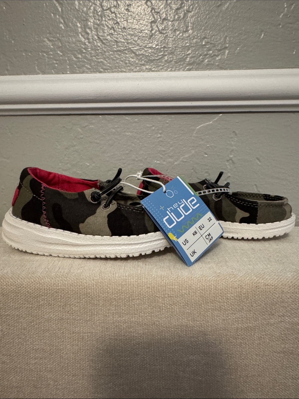 Hey Dude Kids Camo Slip-On Shoes - Olive Green with Pink Accent